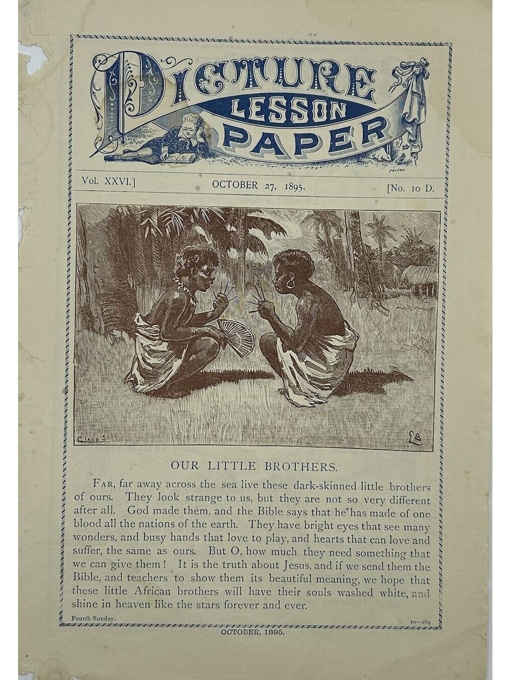 1895 Antique Picture Lesson Paper Sunday School African Children Ephemera    C23
